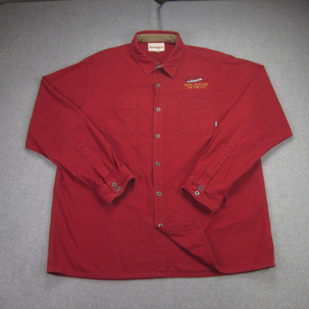 Simms Mens XXL Shirt Red Flannel Fishing Reel Healing On The Fly Button Up